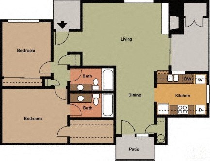 Floor plan for 2 beds, 2 baths, 979 sqft